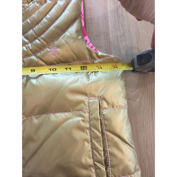Lilly Pulitzer Girls Reversible Puffer Vest Gold Metallic Pink Palm Tree Print - Picture 7 of 8